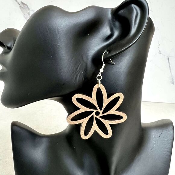 Hand Crafted Jewelry - Wooden Flower Cutout Earrings